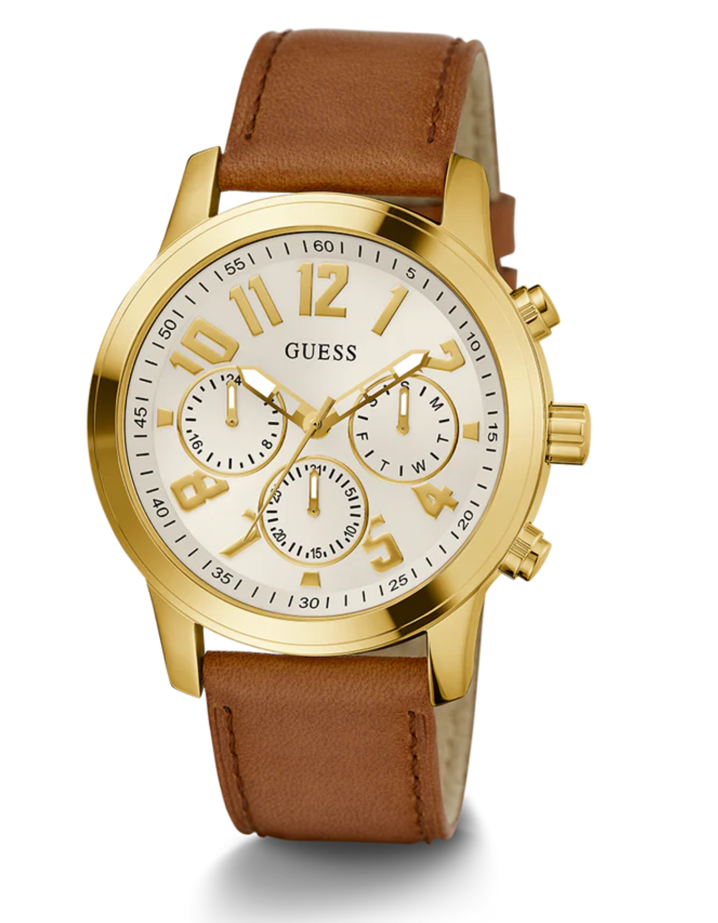 GUESS Mens Brown Gold Tone Multi-function Watch