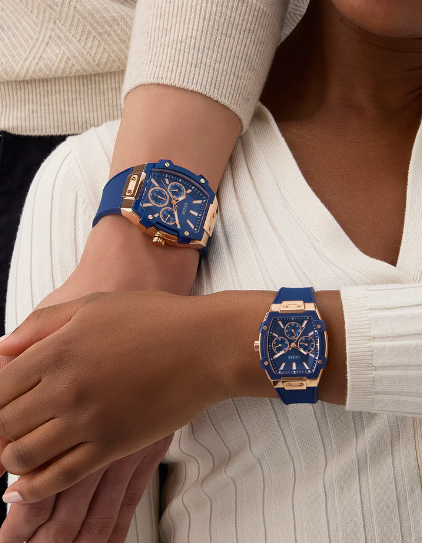 GUESS Mens Blue Rose Gold Tone Multi-function