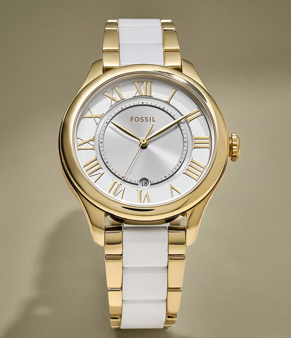Fossil Gilmore Three-Hand Date Gold-Tone and White Ceramic Watch
