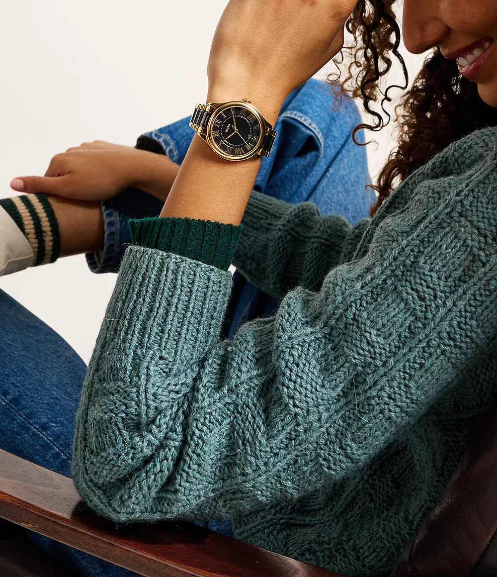 Fossil Gilmore Three-Hand Date Gold-Tone and Black Ceramic Watch
