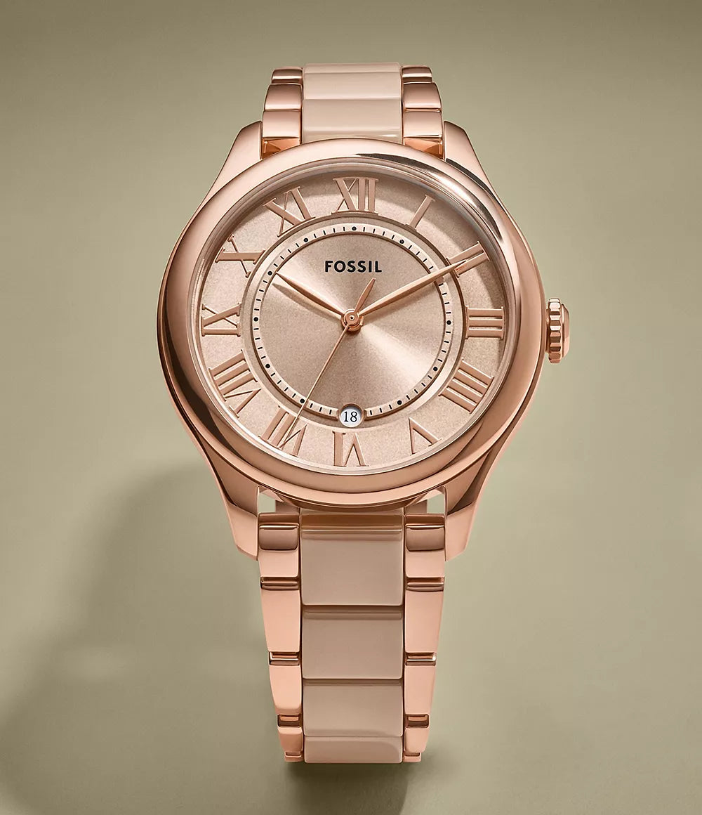 Fossil Gilmore Three-Hand Date Rose Gold-Tone and Brown Ceramic Watch
