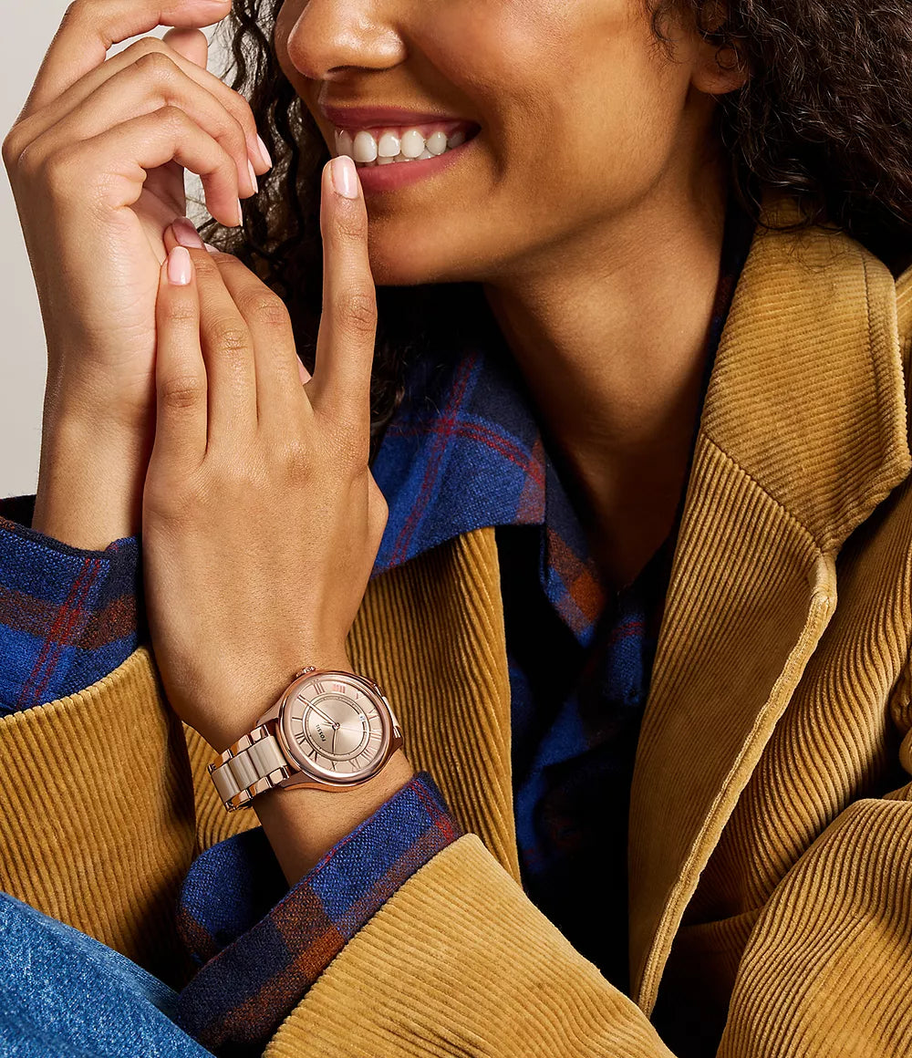 Fossil Gilmore Three-Hand Date Rose Gold-Tone and Brown Ceramic Watch