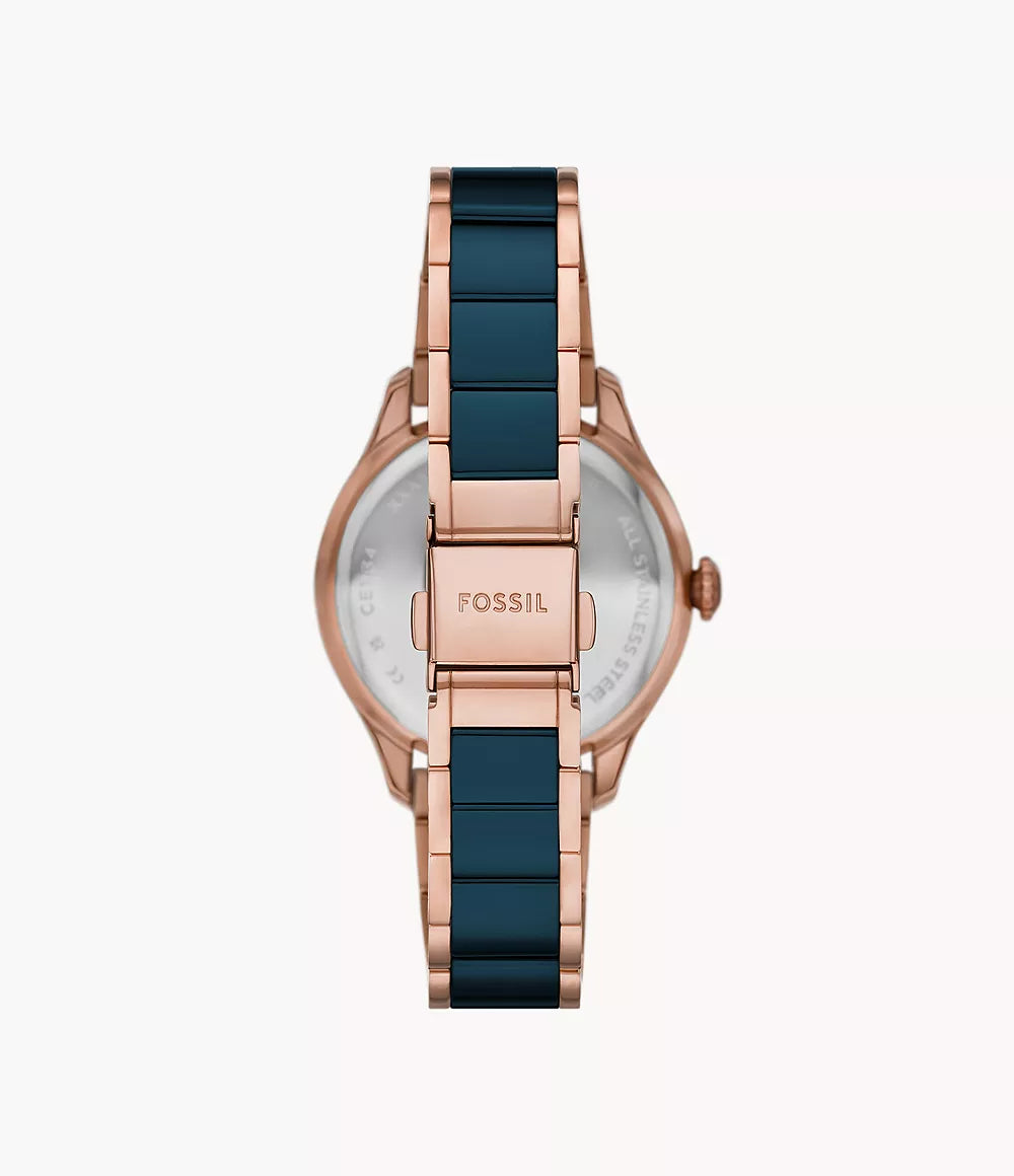 Fossil Gilmore Three-Hand Date Rose Gold-Tone and Navy Ceramic Watch