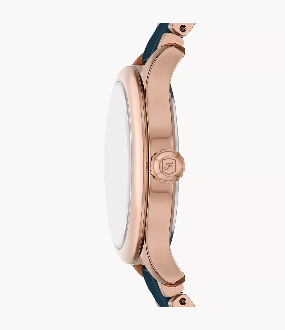 Fossil Gilmore Three-Hand Date Rose Gold-Tone and Navy Ceramic Watch