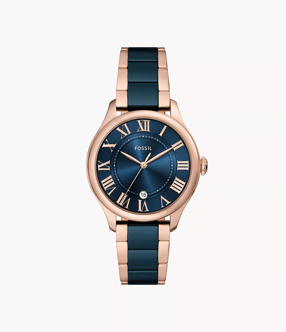 Fossil Gilmore Three-Hand Date Rose Gold-Tone and Navy Ceramic Watch