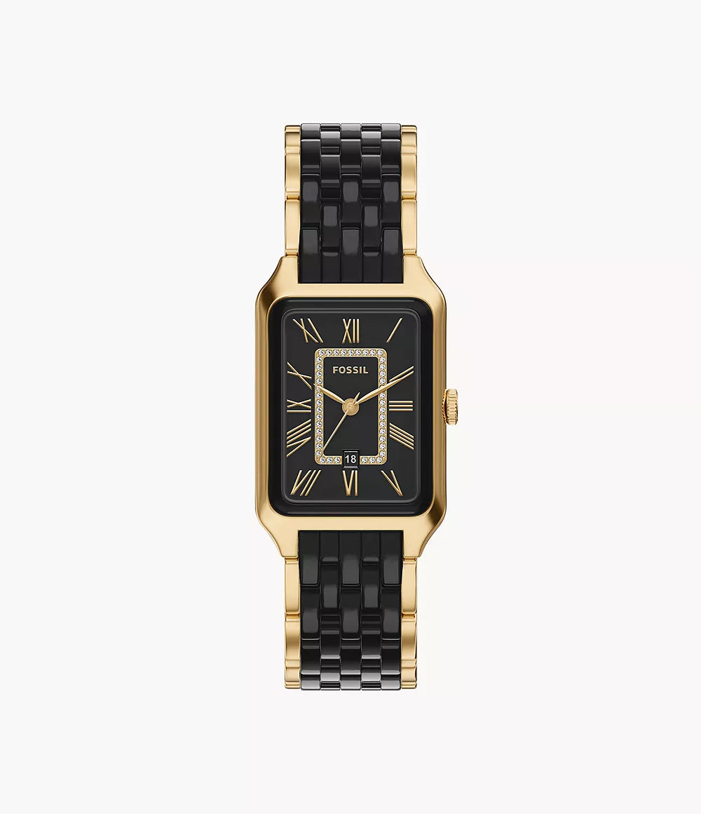 Fossil Raquel 26mm Three-Hand Date Gold-Tone Stainless Steel and Black Ceramic Watch