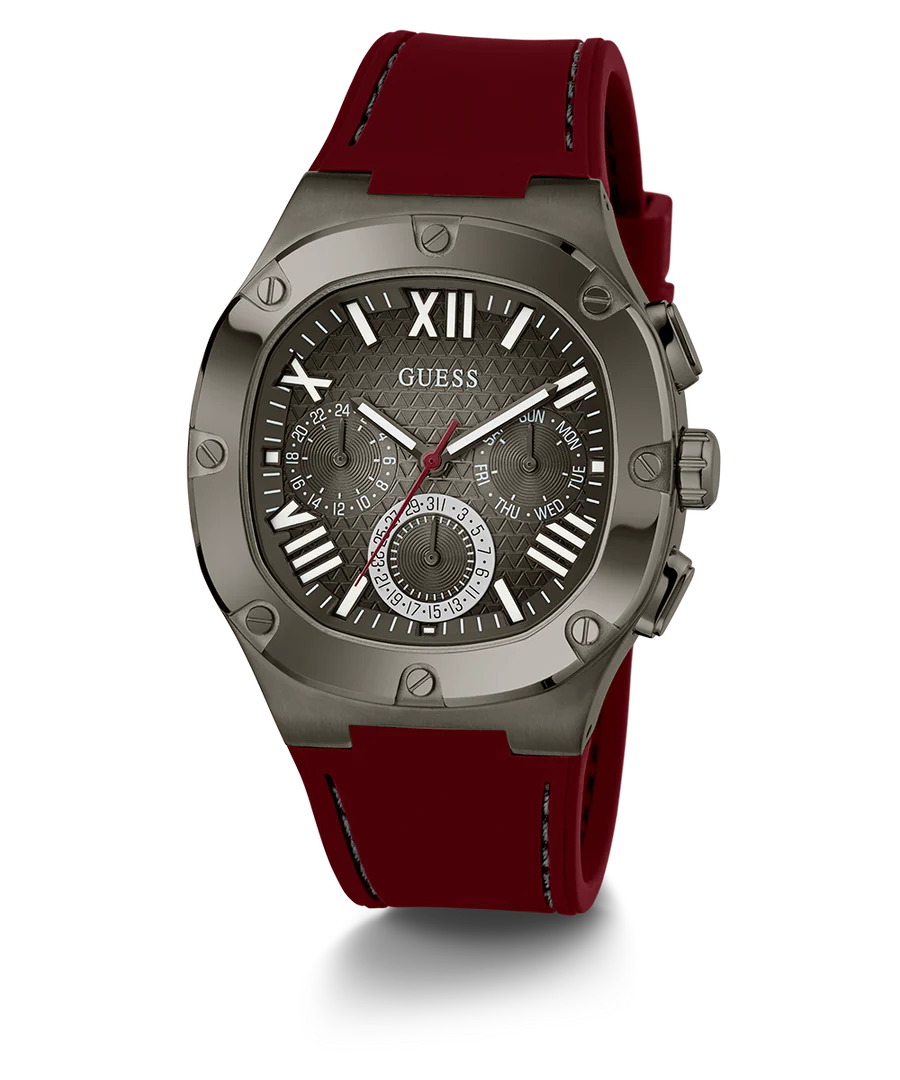 GUESS Men's Burgundy Gunmetal Multi-function Watch