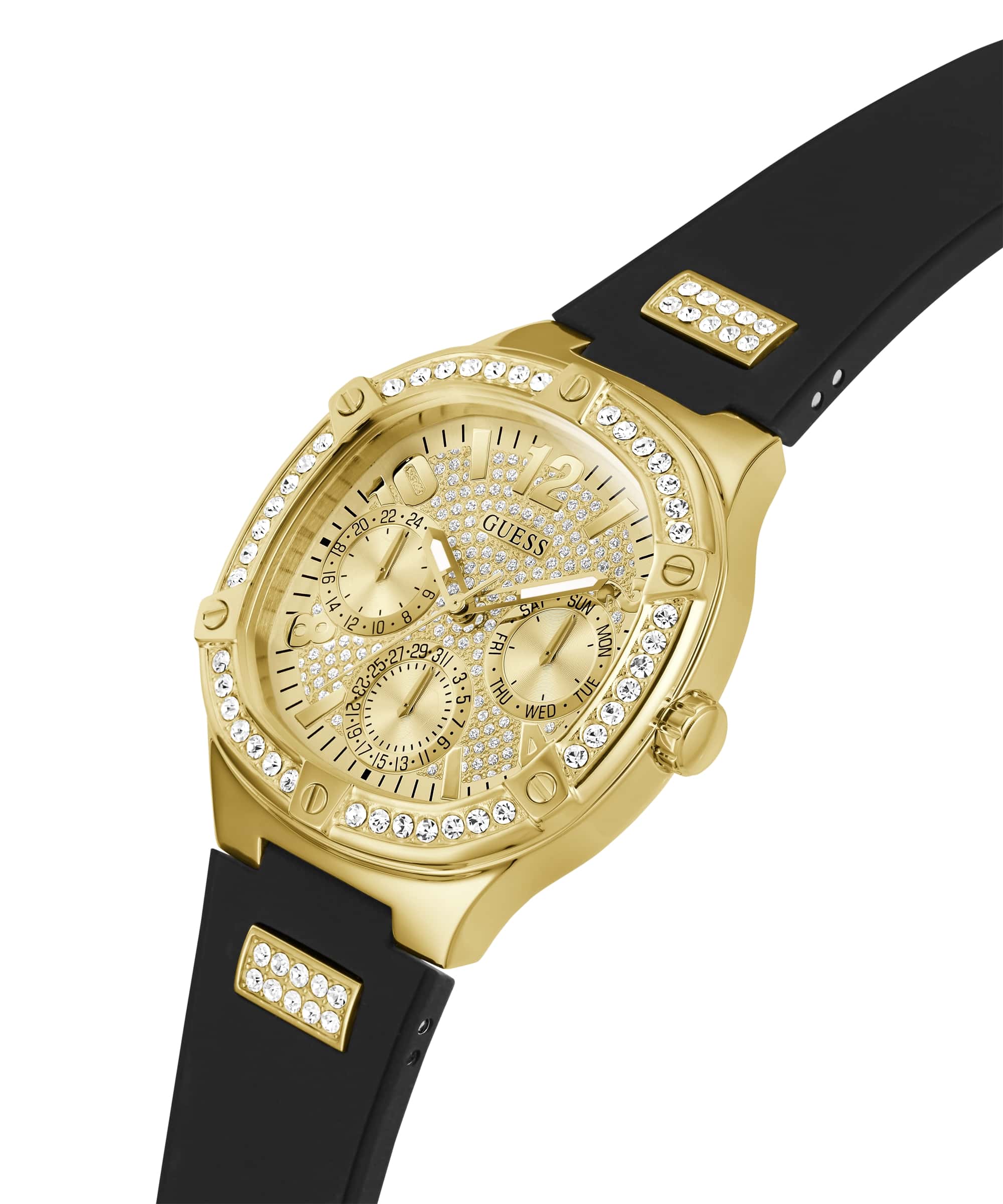 Guess Women Sport Champagne Dial Square Case Multi-Function