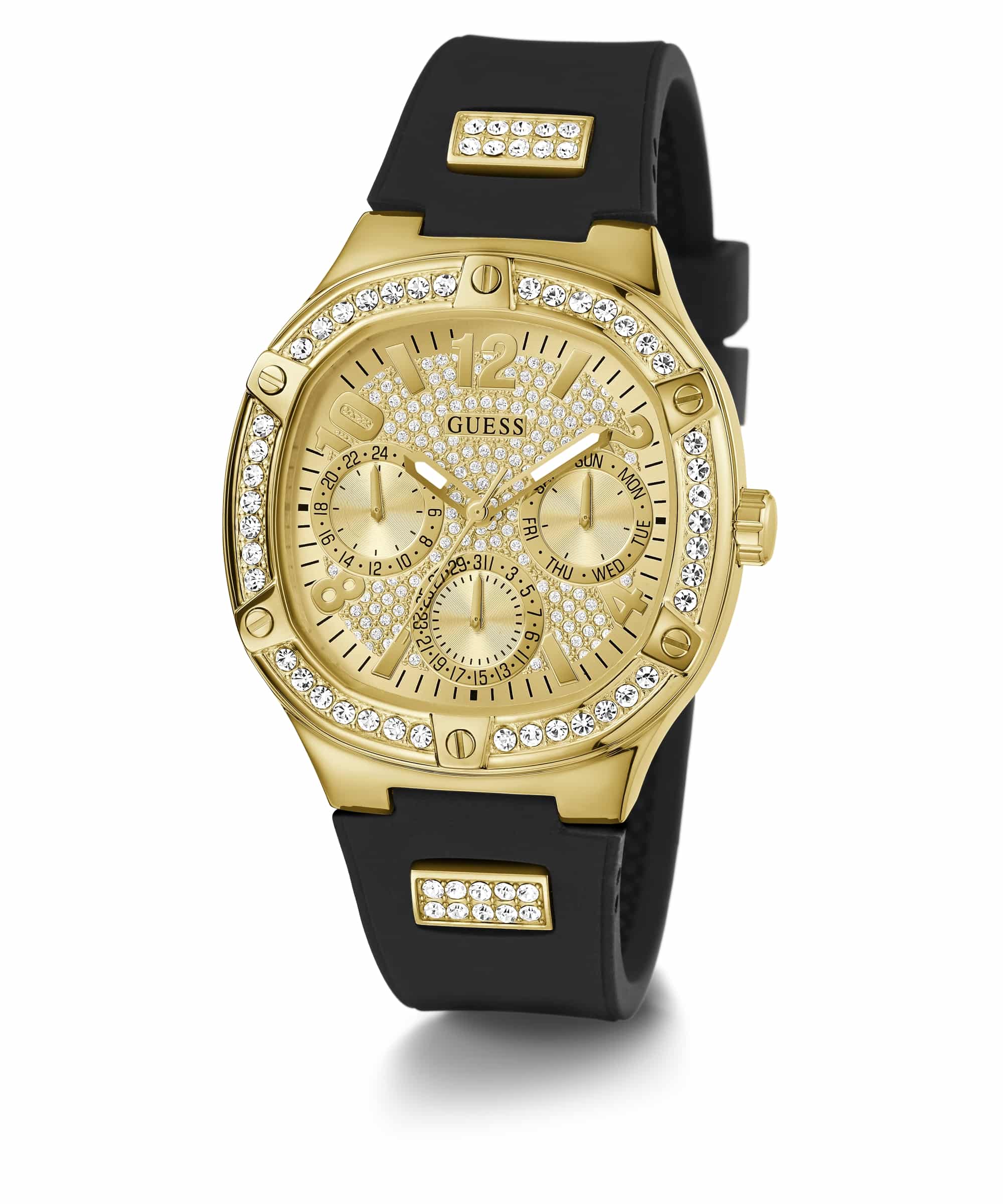 Guess Women Sport Champagne Dial Square Case Multi-Function