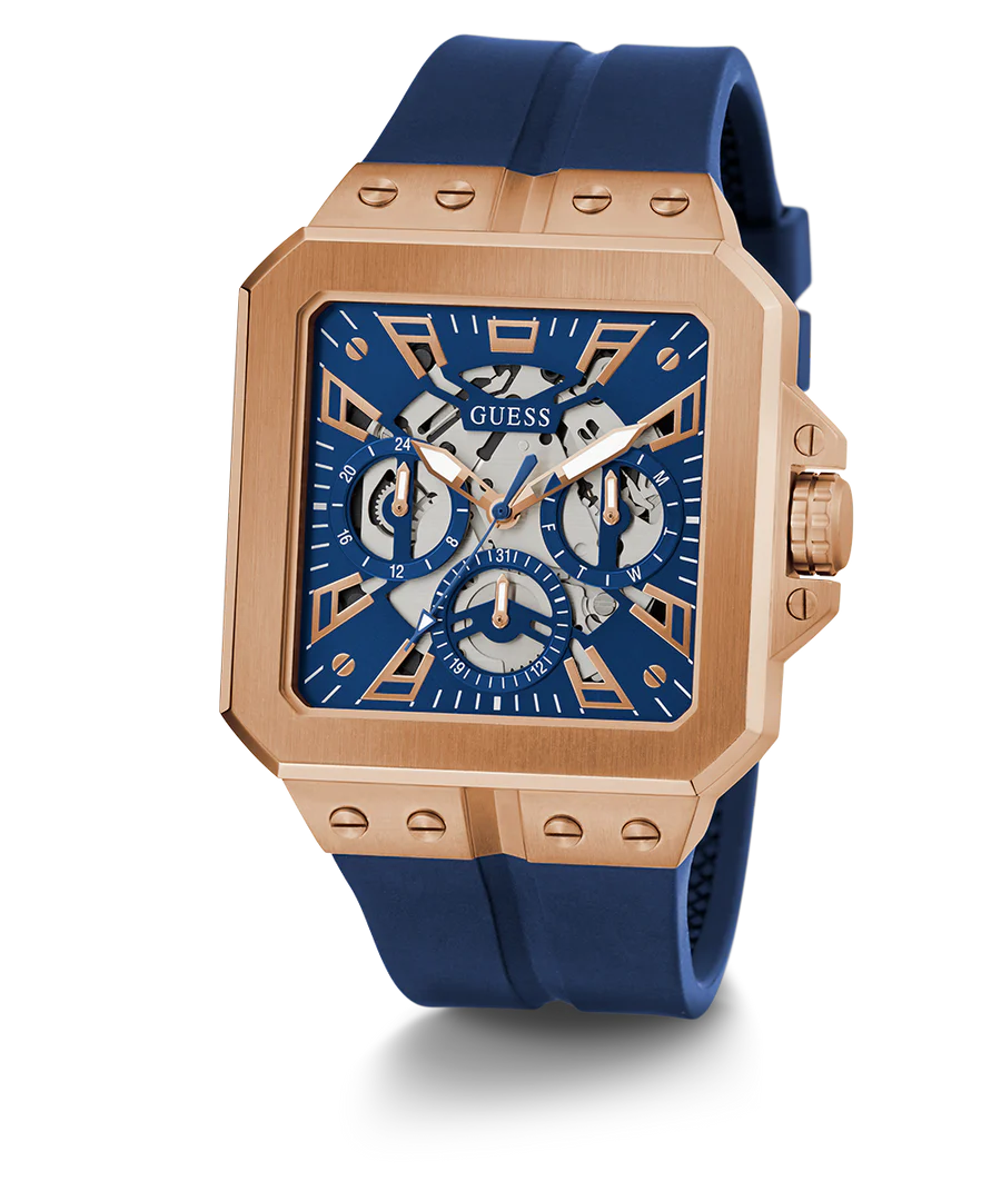 GUESS Men's Blue Rose Gold Tone Multi-function Watch