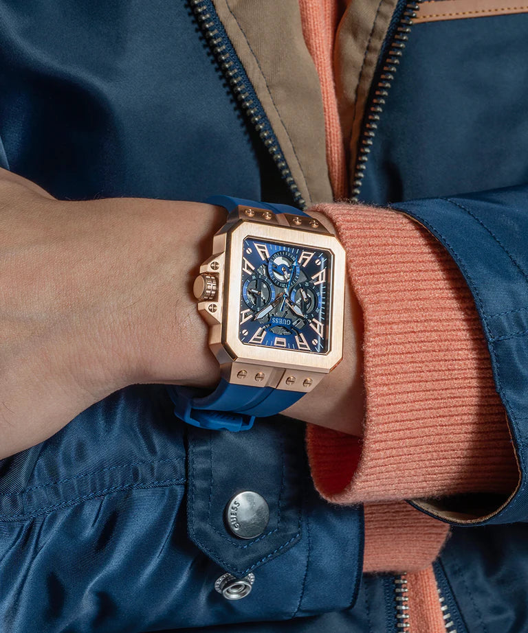 GUESS Men's Blue Rose Gold Tone Multi-function Watch