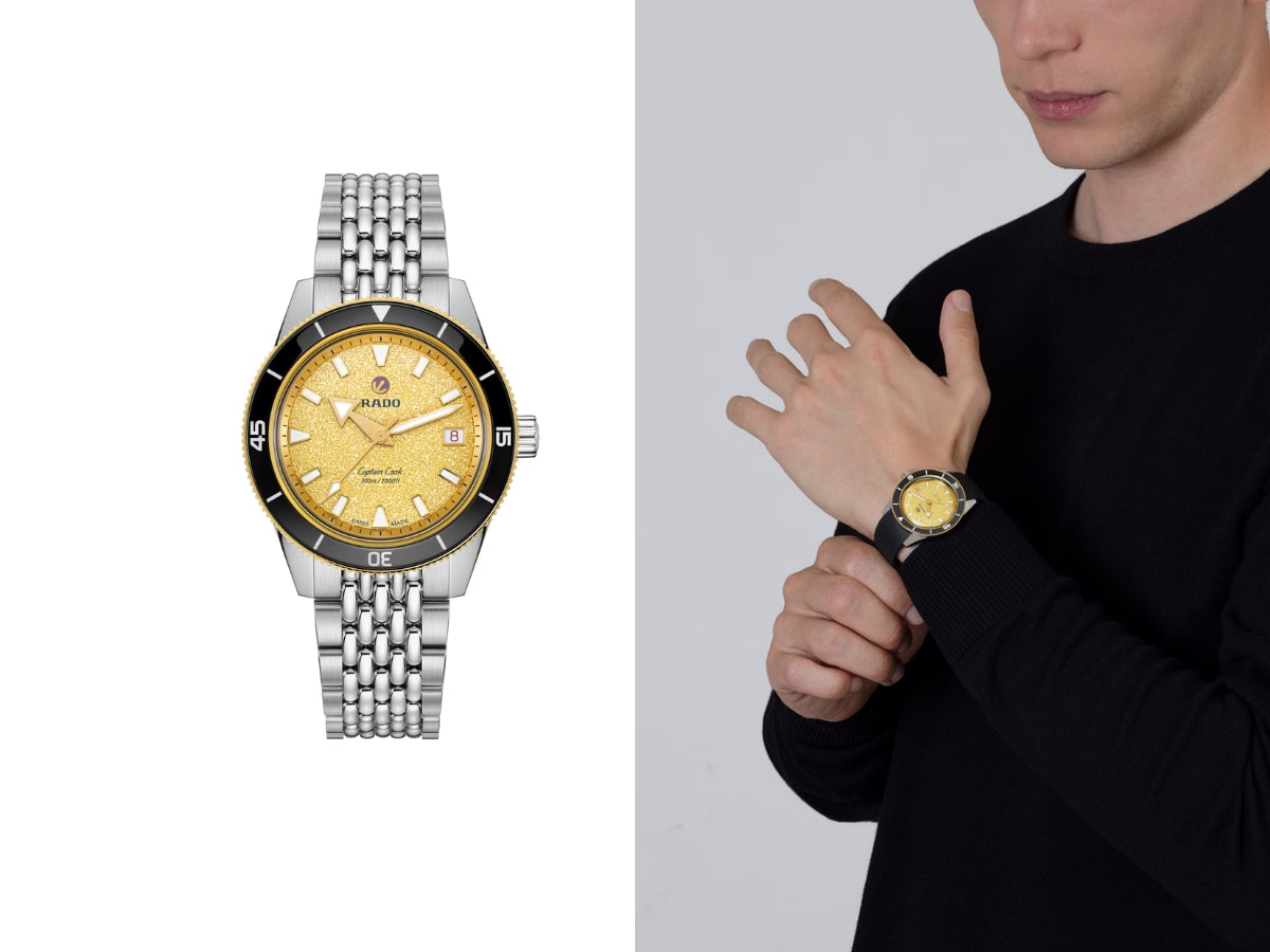 New Rado Captain Cook watch with diamond-powder dial, shown on the wrist