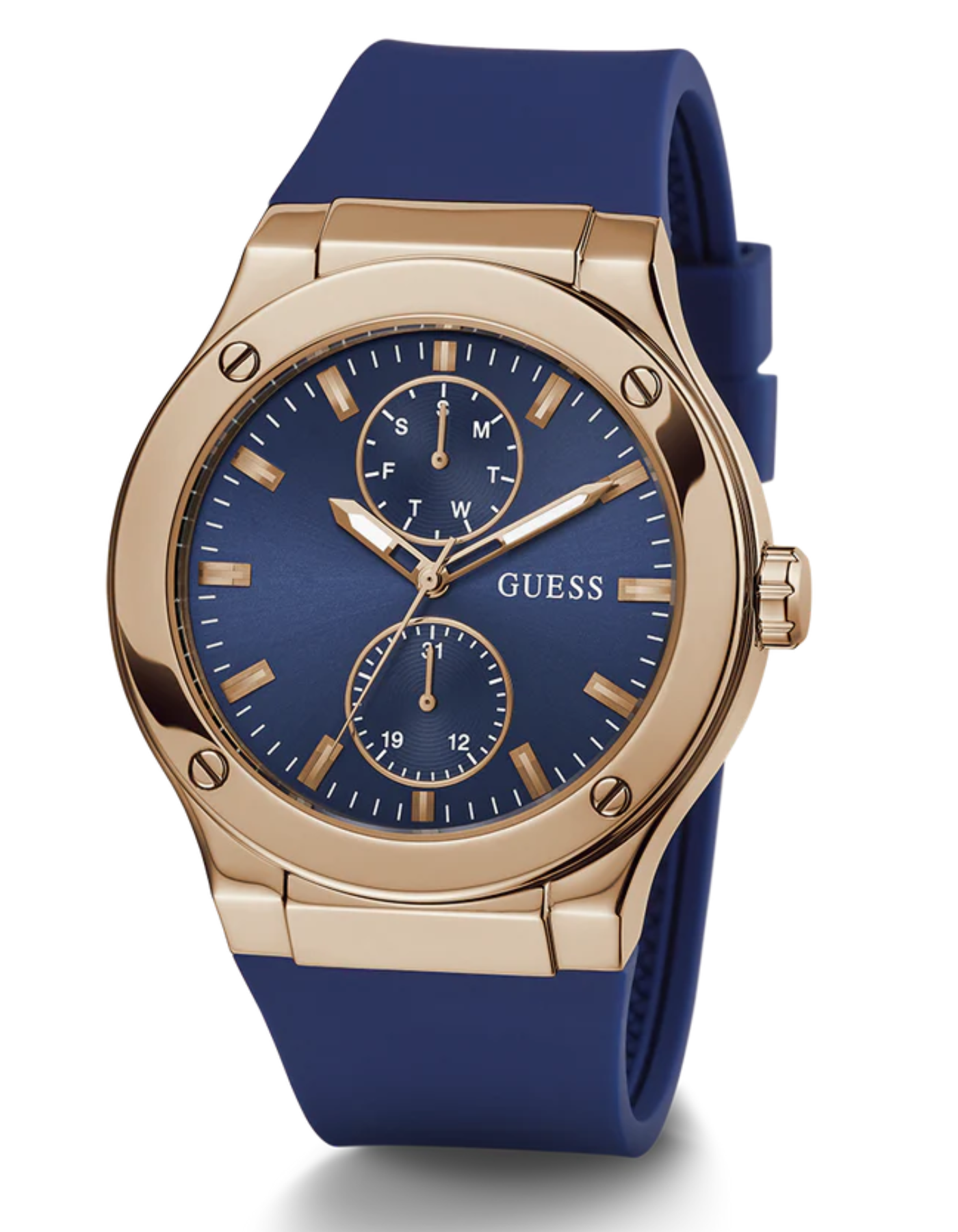 GUESS Men's Blue Rose Gold Tone Multi-Function Watch