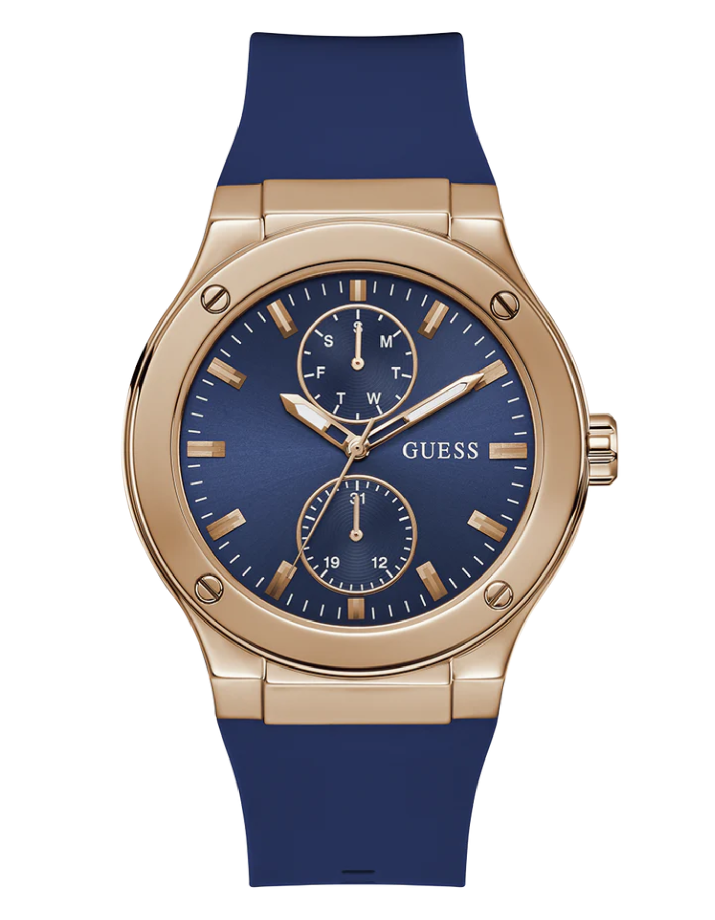 GUESS Men's Blue Rose Gold Tone Multi-Function Watch