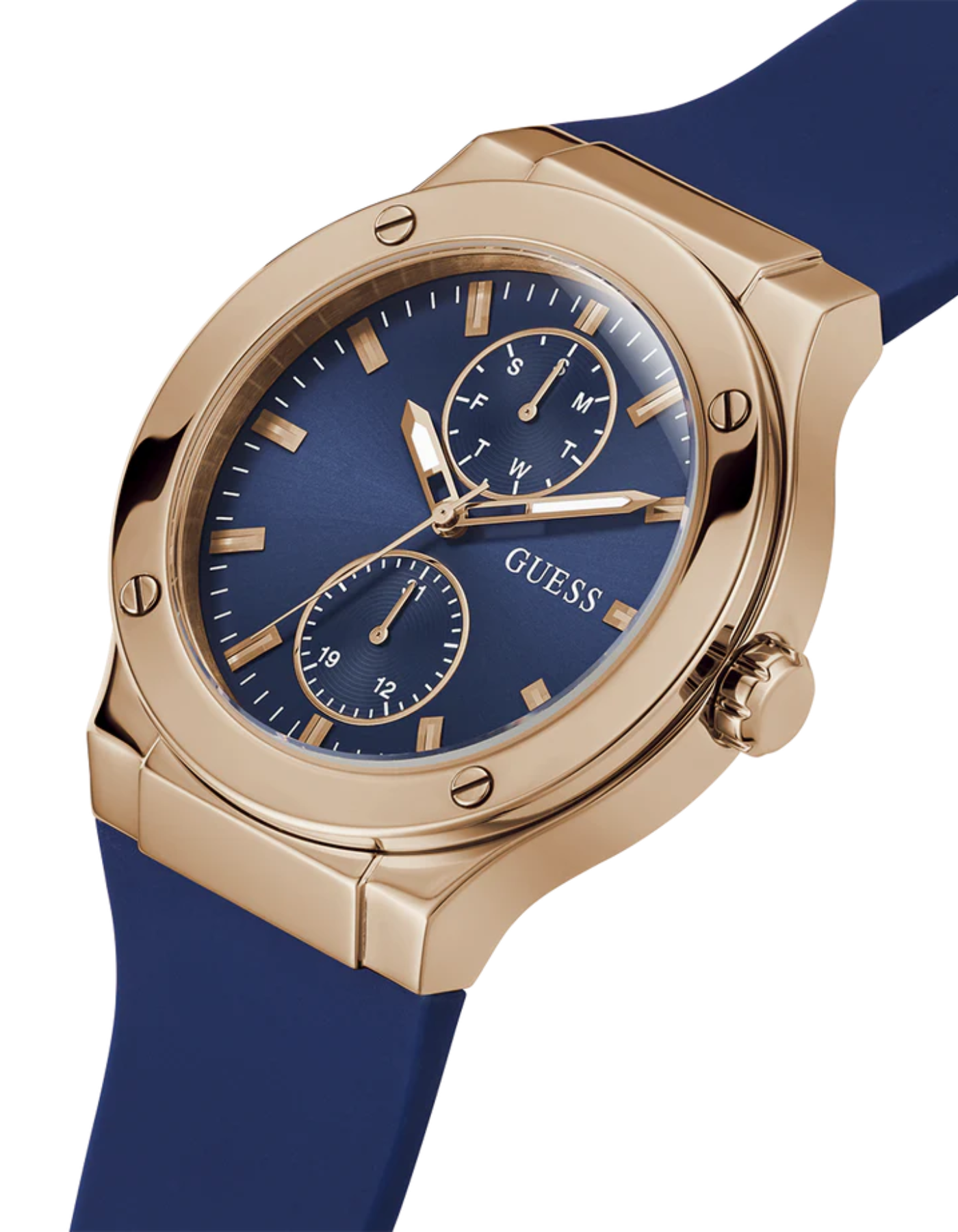 GUESS Men's Blue Rose Gold Tone Multi-Function Watch