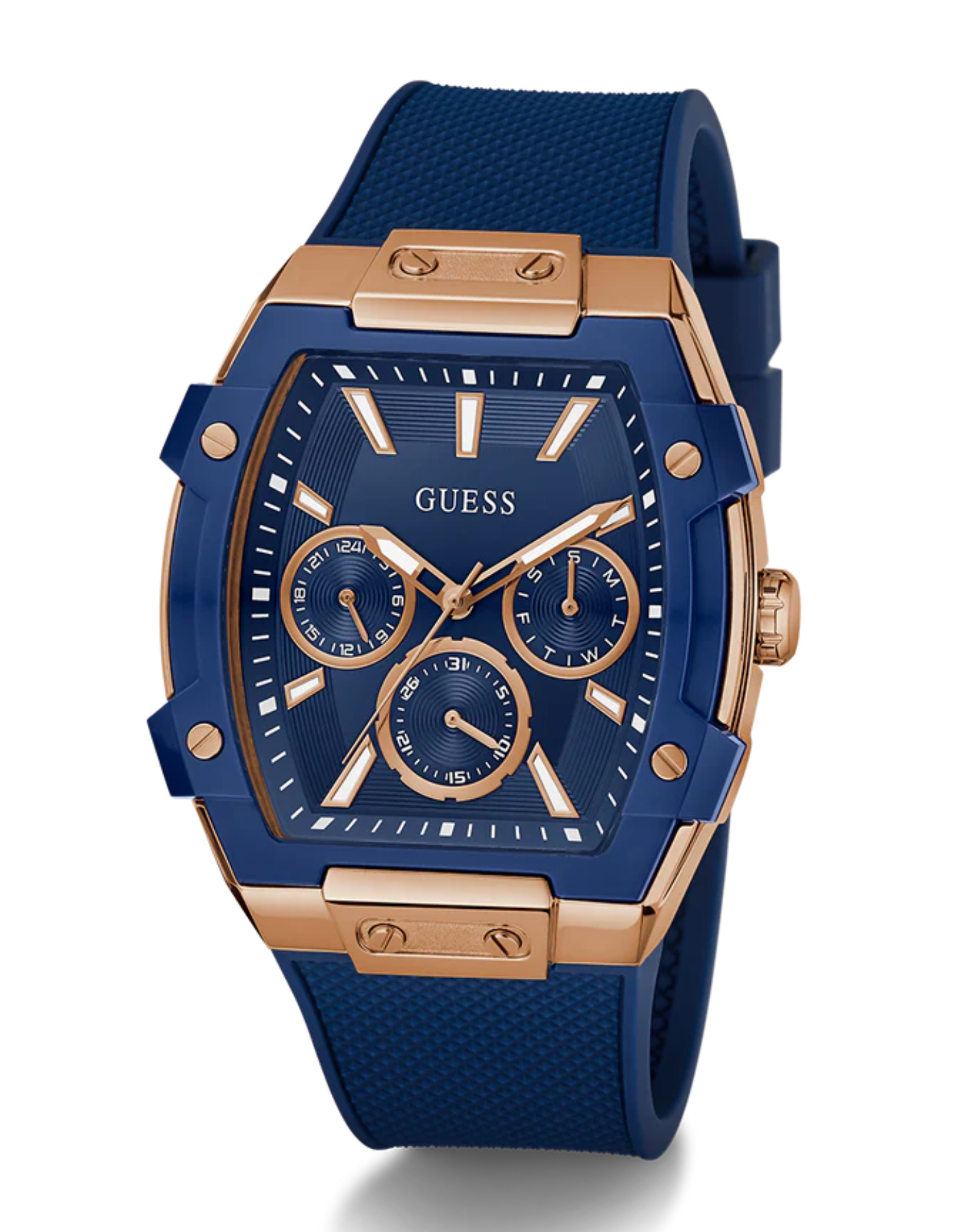 GUESS Mens Blue Rose Gold Tone Multi-function