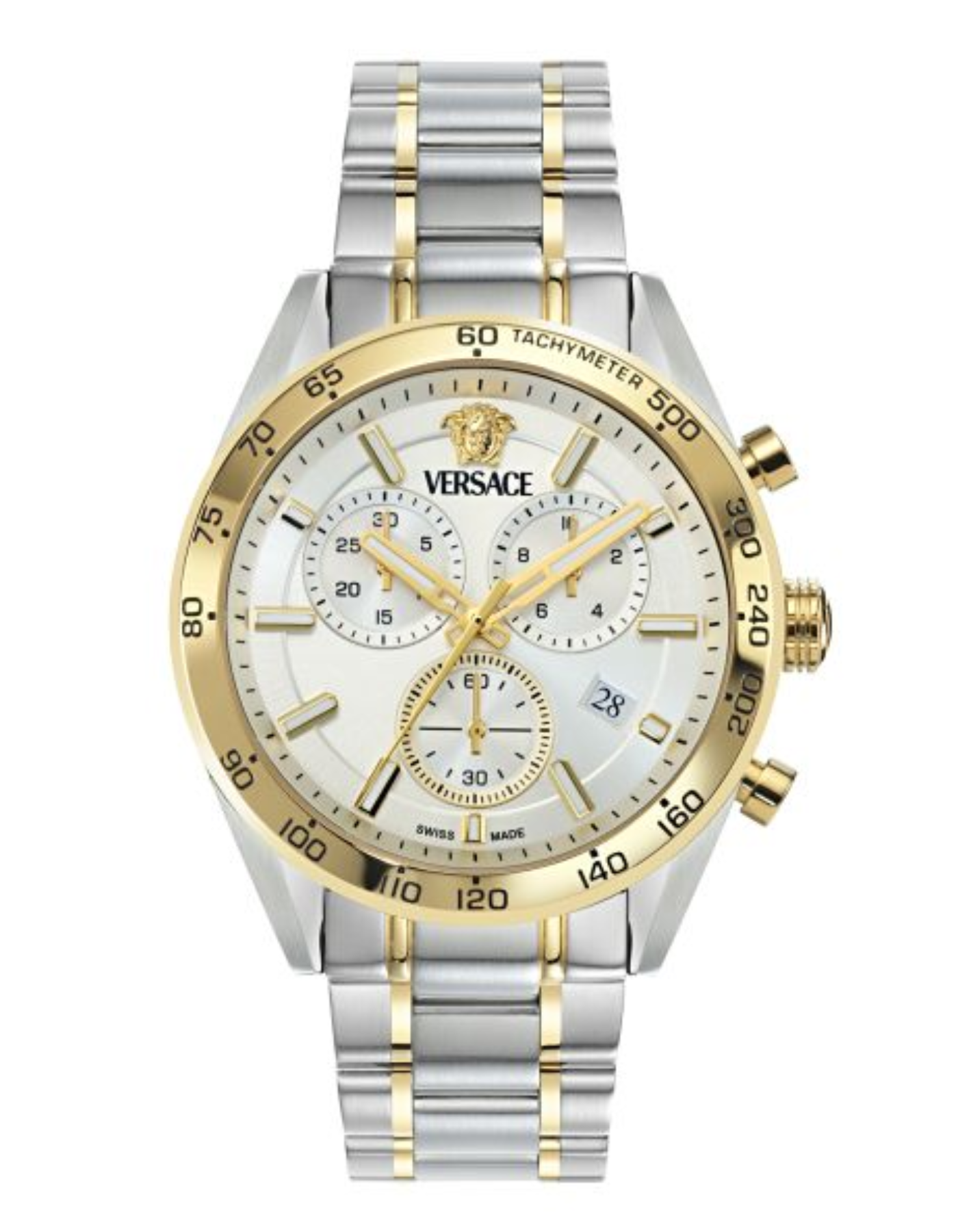 Versace V-Code Chrono Silver Dial Two-Tone Stainless Steel Bracelet Watch