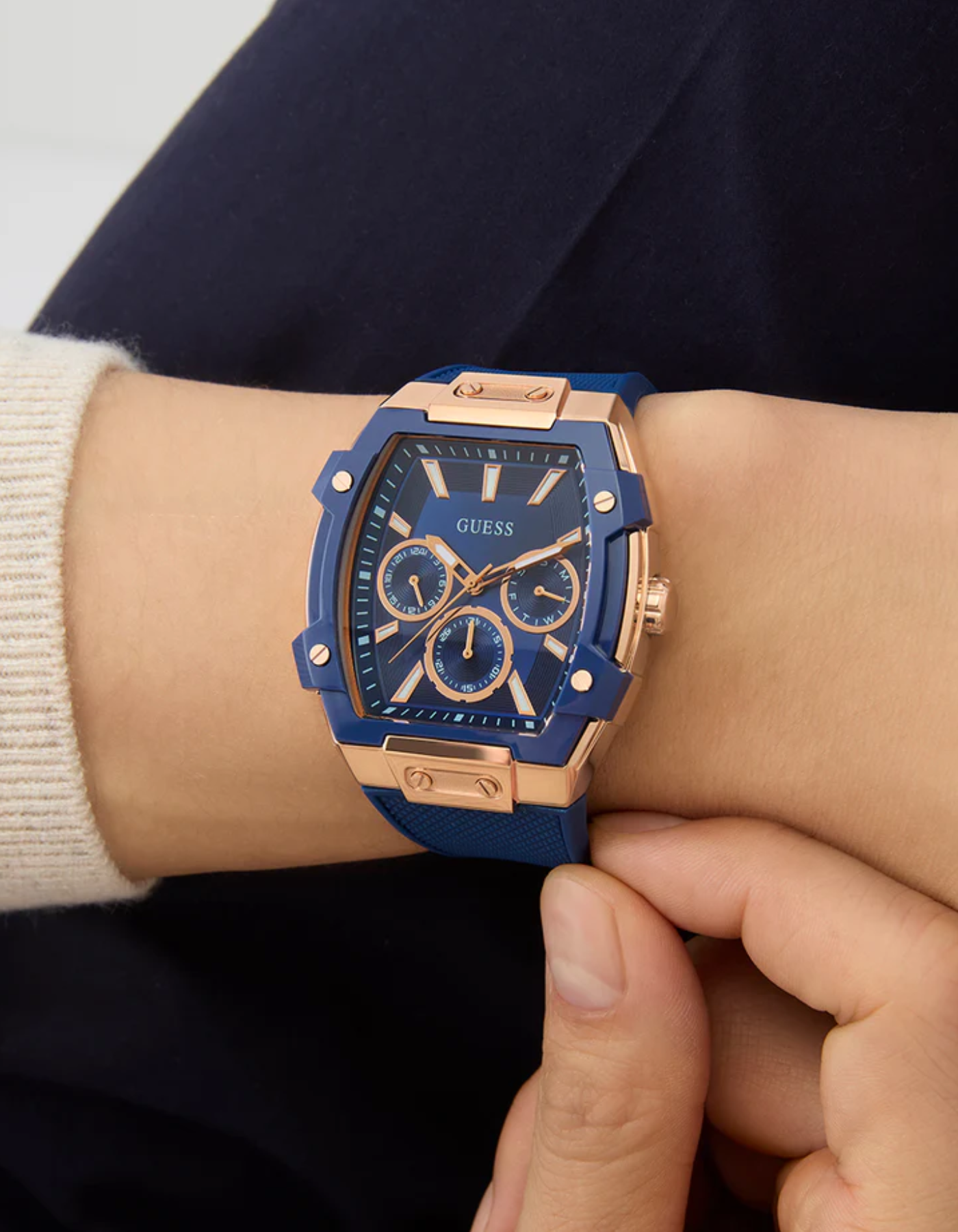GUESS Mens Blue Rose Gold Tone Multi-function