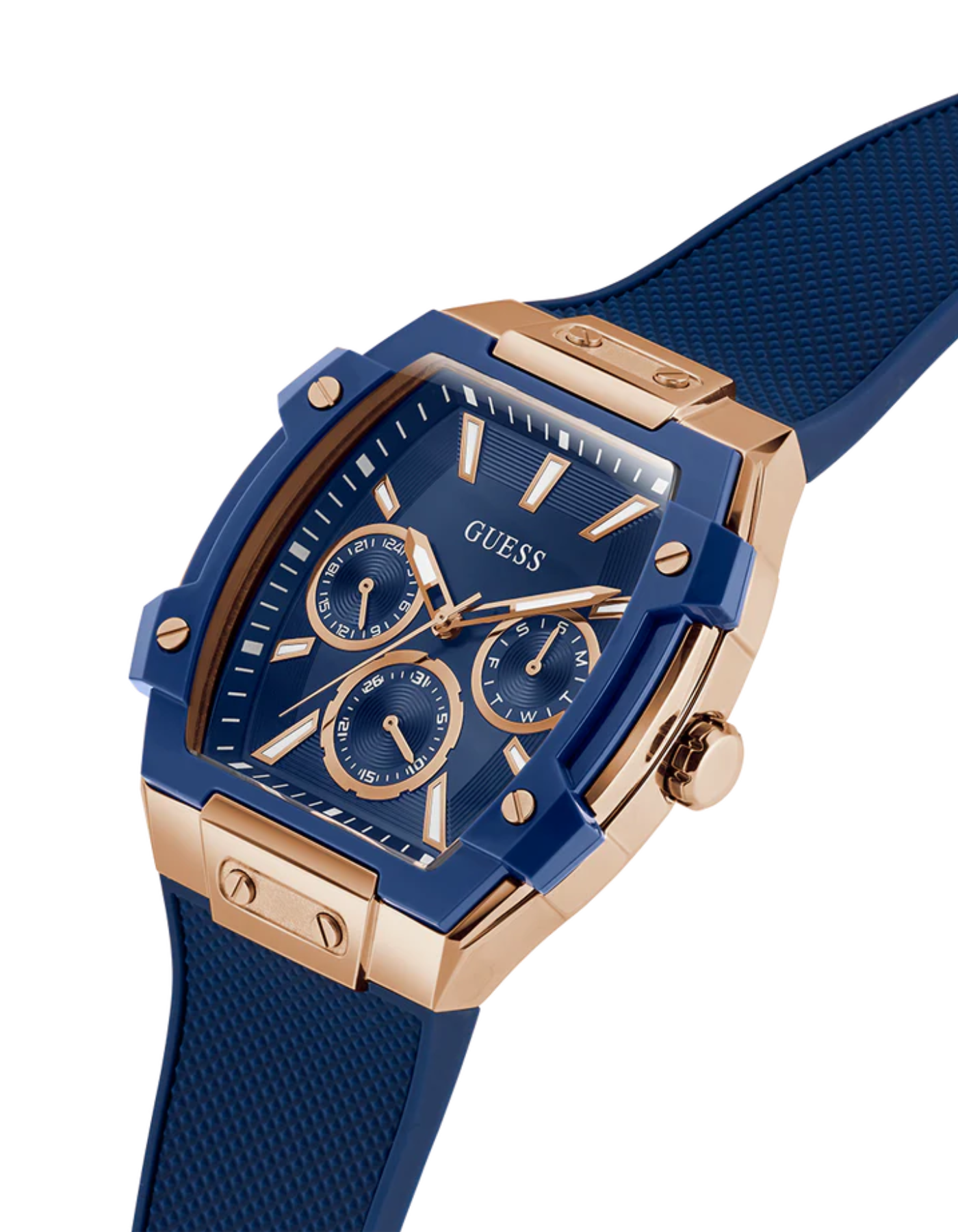 GUESS Mens Blue Rose Gold Tone Multi-function