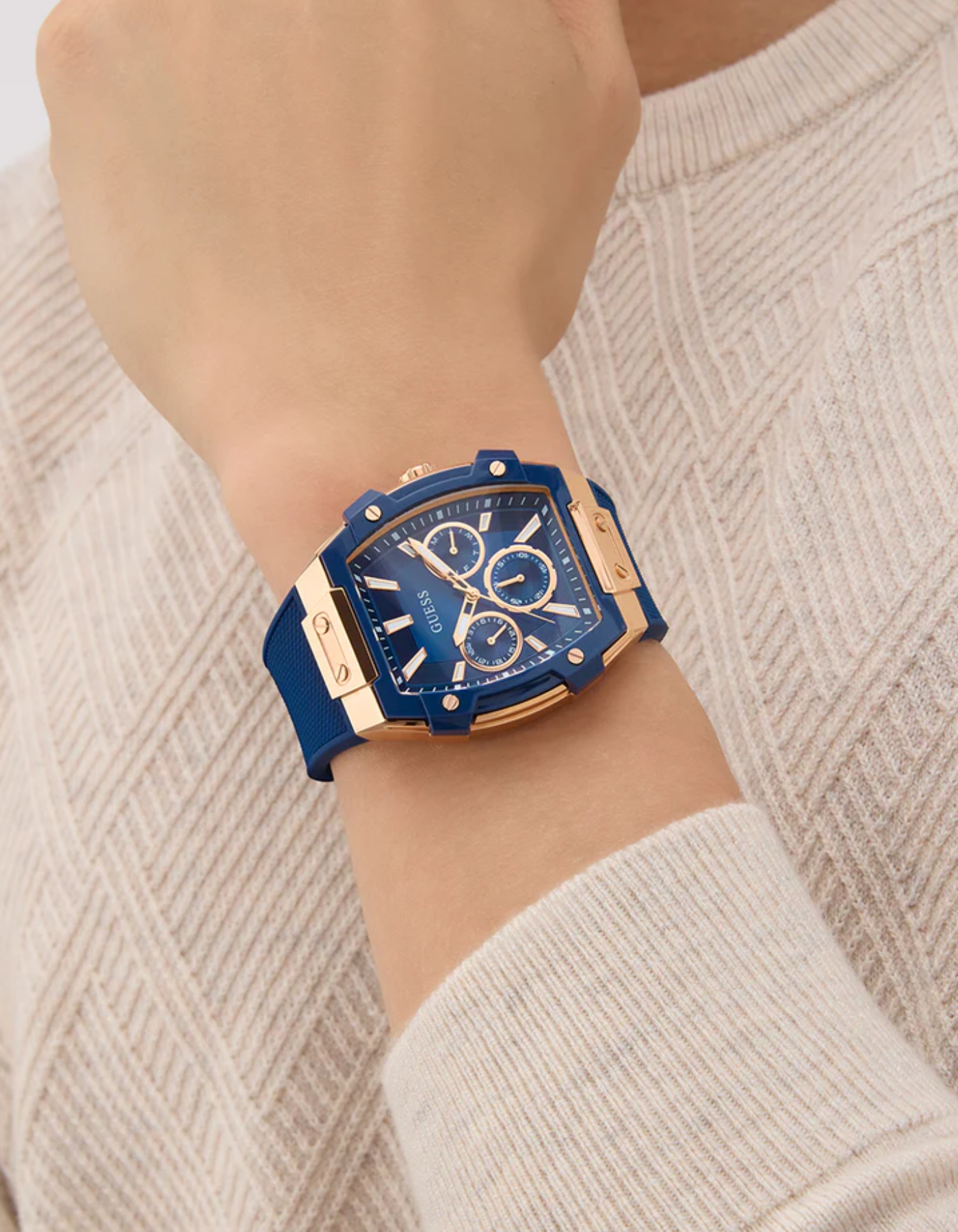 GUESS Mens Blue Rose Gold Tone Multi-function