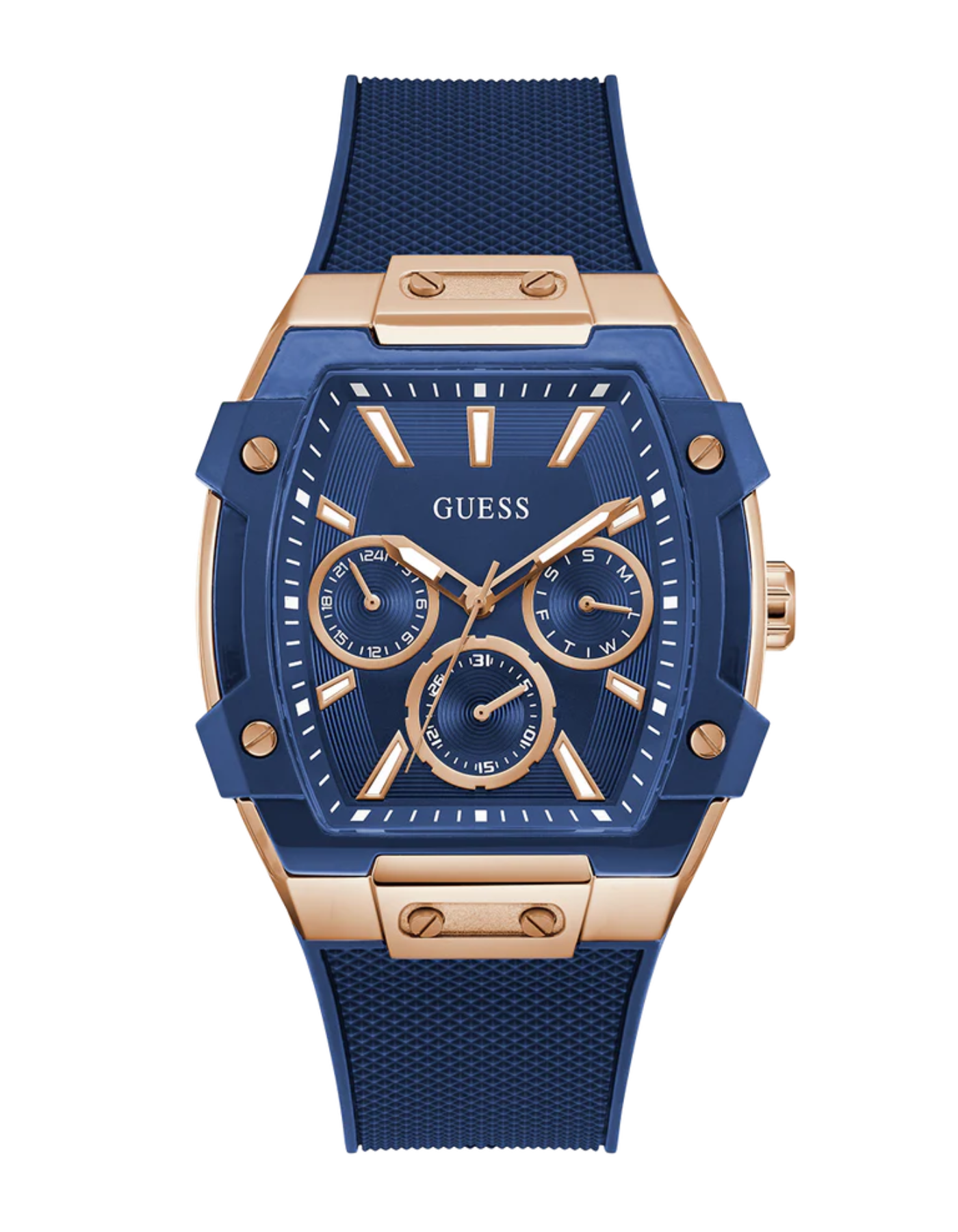 GUESS Mens Blue Rose Gold Tone Multi-function