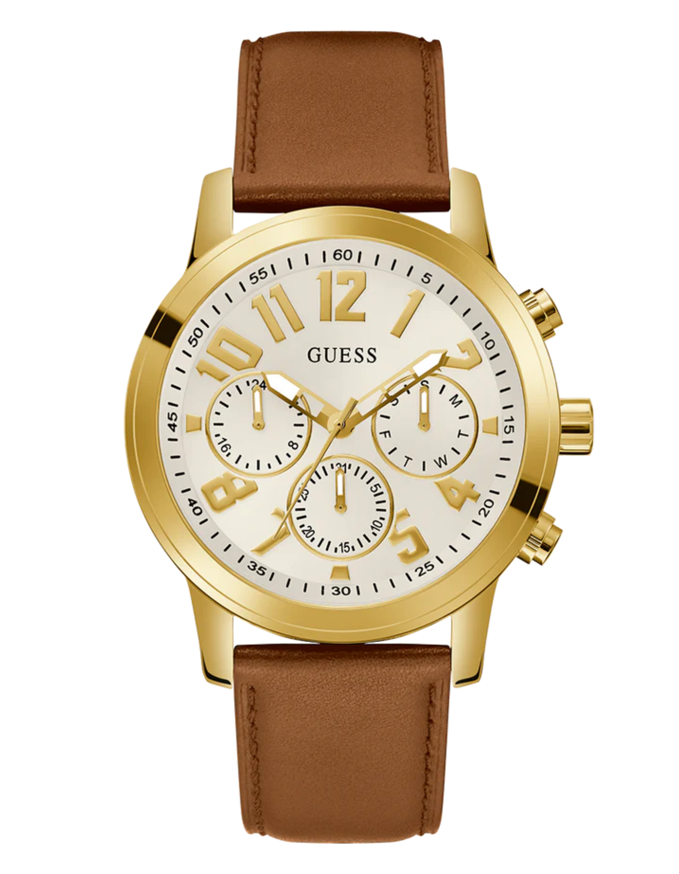 GUESS Mens Brown Gold Tone Multi-function Watch