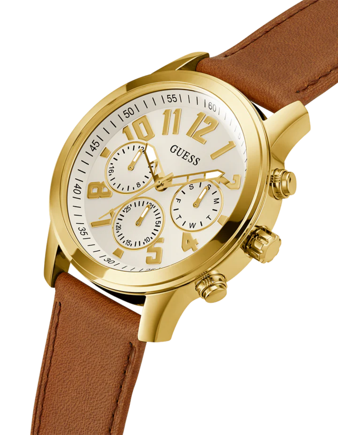 GUESS Mens Brown Gold Tone Multi-function Watch