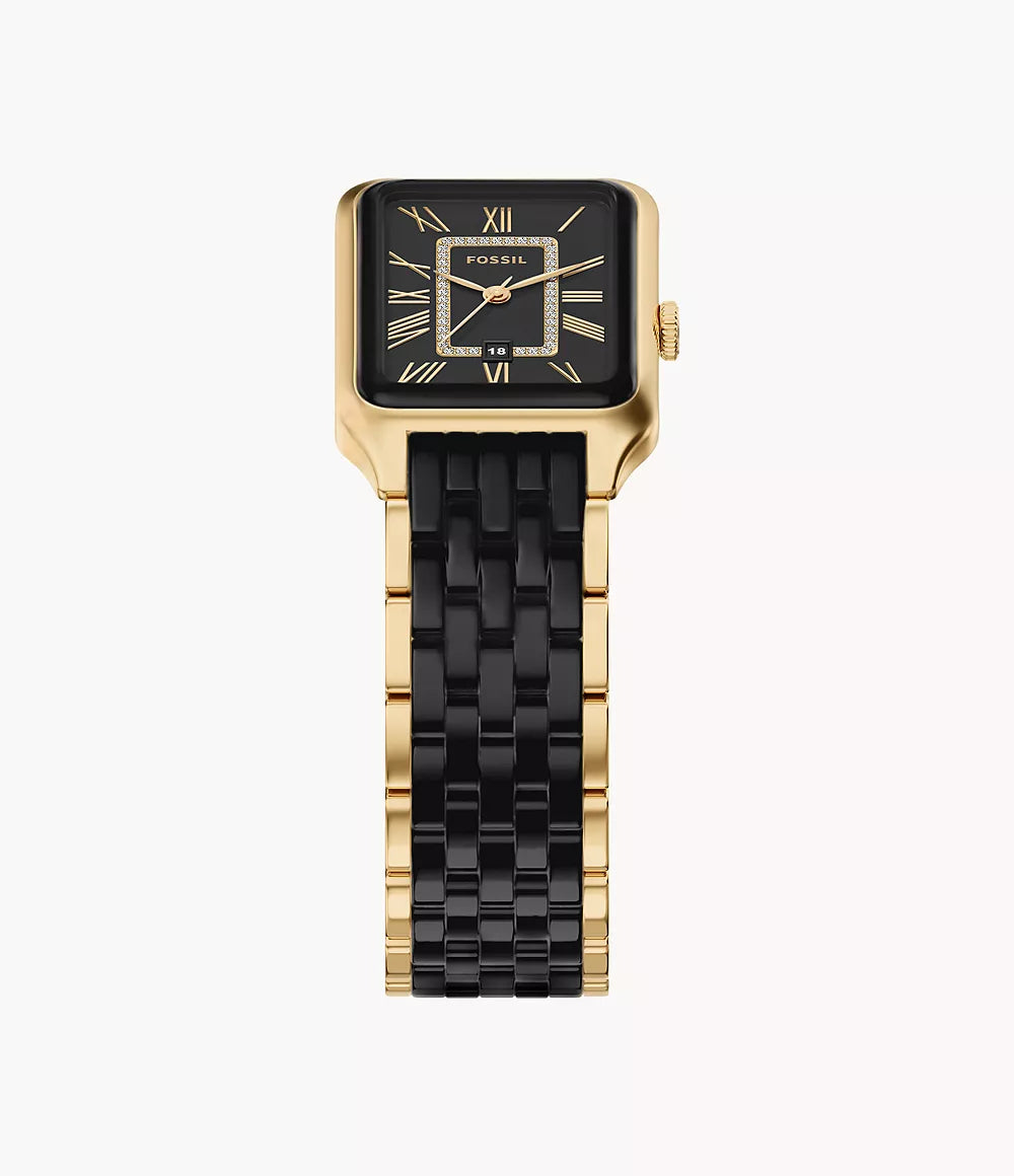Fossil Raquel 26mm Three-Hand Date Gold-Tone Stainless Steel and Black Ceramic Watch