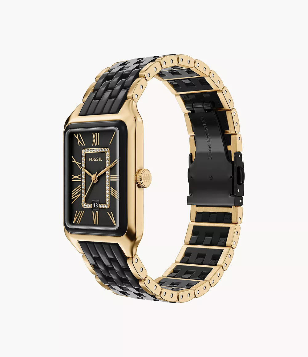 Fossil Raquel 26mm Three-Hand Date Gold-Tone Stainless Steel and Black Ceramic Watch