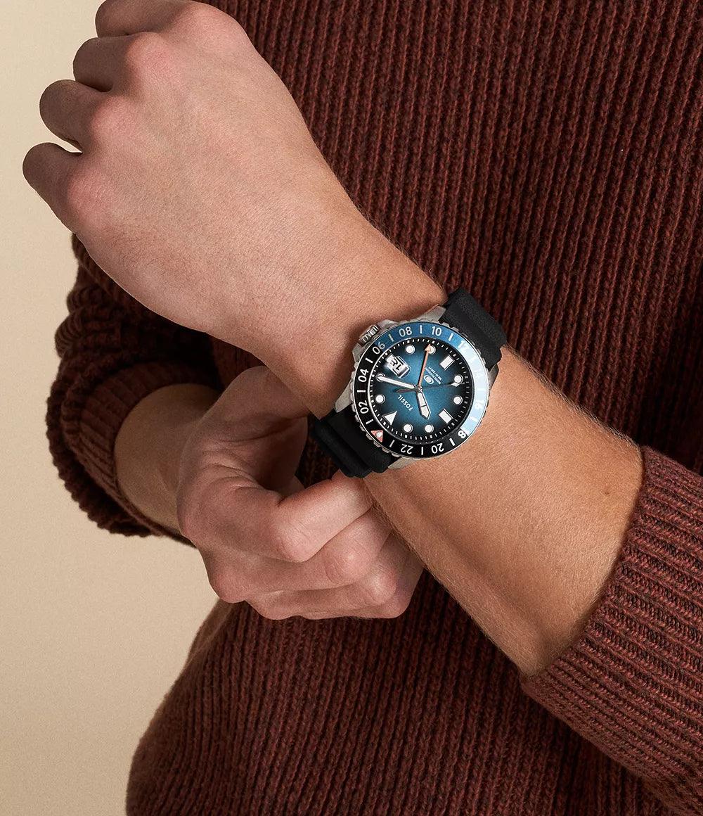 Fossil Blue GMT Black Silicone Watch