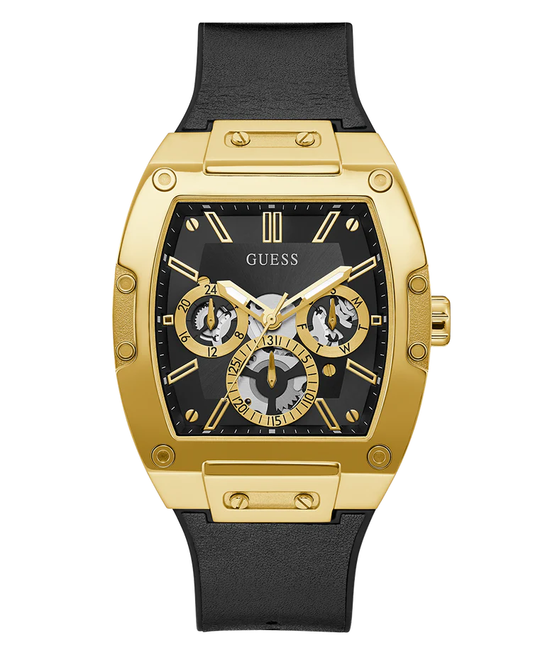 GUESS Mens Black Gold Tone Multi-function Watch