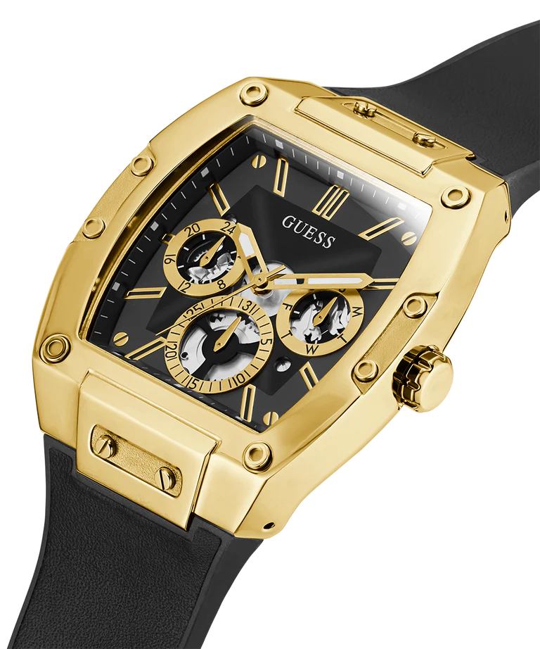 GUESS Mens Black Gold Tone Multi-function Watch