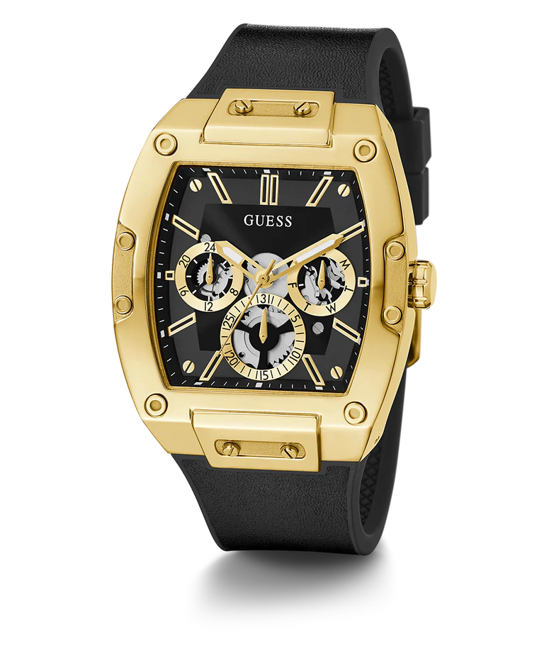 GUESS Mens Black Gold Tone Multi-function Watch