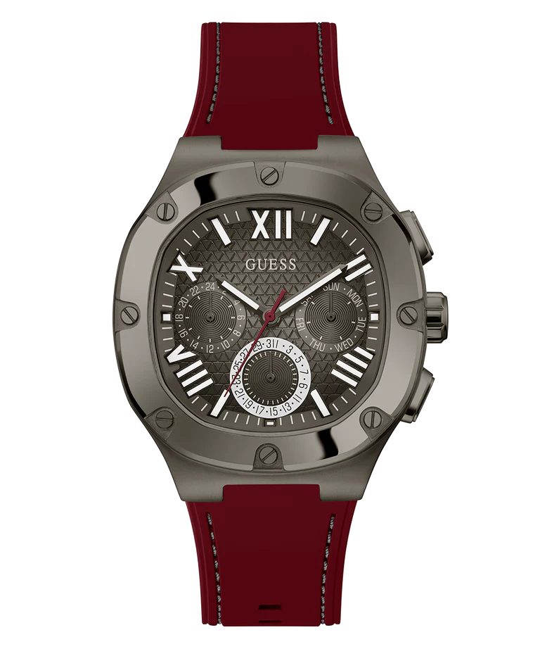 GUESS Men's Burgundy Gunmetal Multi-function Watch