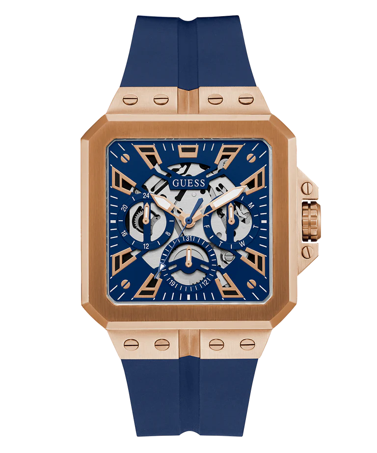 GUESS Men's Blue Rose Gold Tone Multi-function Watch