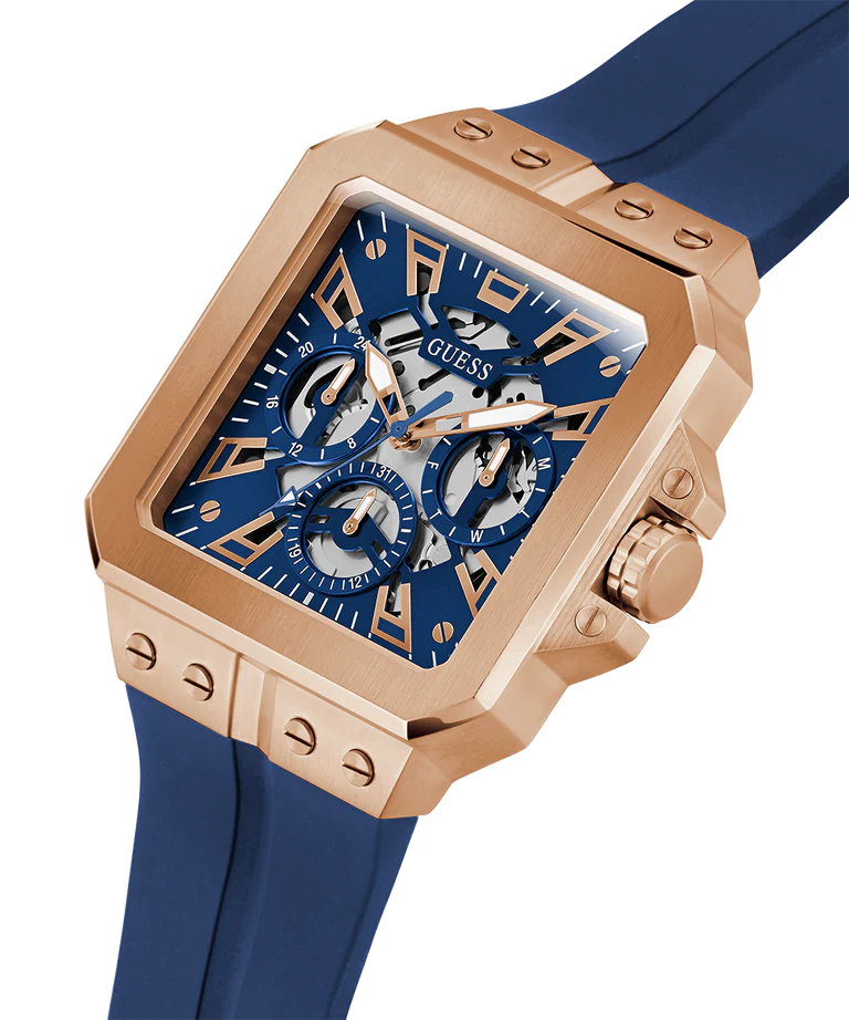 GUESS Men's Blue Rose Gold Tone Multi-function Watch